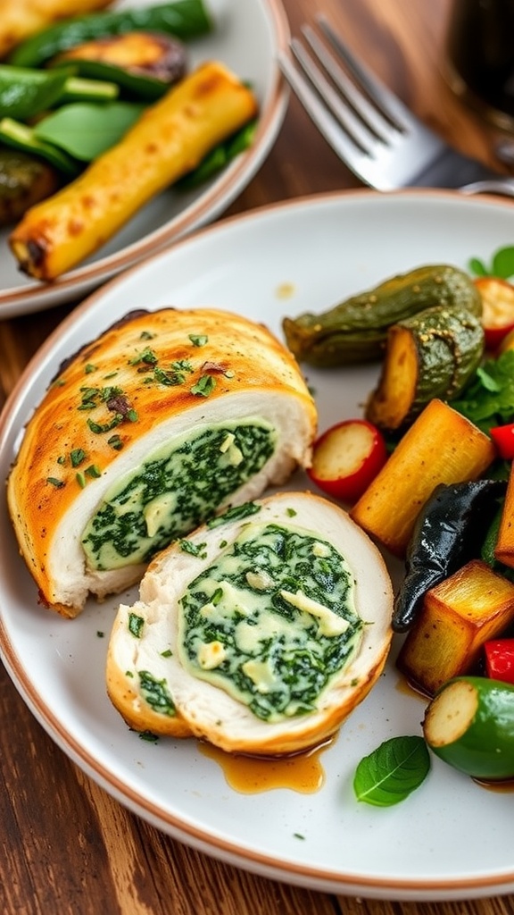 Stuffed chicken breast sliced open to show spinach and cheese filling, served with vegetables on a rustic table.